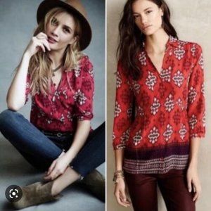 Anthropologie Red Printed Button-Down Blouse